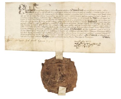 Elizabethan Great Seal. Licence for alienation for £2; 3 April 1574, manuscript vellum deed relating to Holme Lacy in Herefor