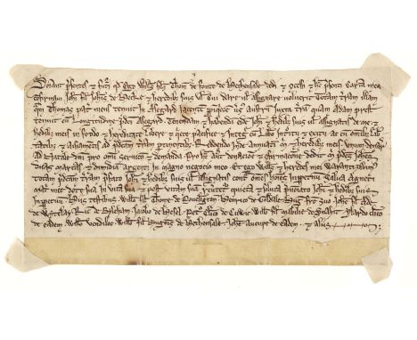 Medieval Deeds. Grant for £1 13s 4d, c. 1240, manuscript vellum deed relating to Snaith, Yorkshire, William son of Thomas at 