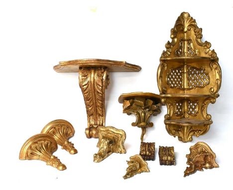A Giltwood and Gesso Wall Bracket, 18th century style, the serpentine shelf supported on an acanthus scrolling corbel 43cm wi