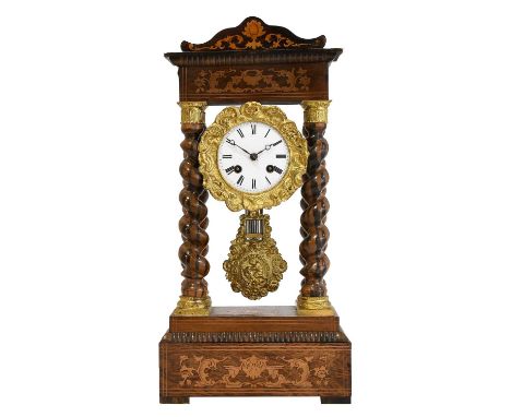 A French Rosewood Portico Striking Mantel Clock, circa 1890, inlaid case with barley twist columns, enamel dial with Roman nu