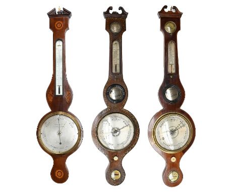A Mahogany Inlaid Wheel Barometer, circa 1820, 8-inch silvered dial signed Cetti & Co. 25 Redlion St, Holbn, London 99cm high