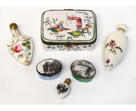 A Veuve Perrin Style Faience Table Snuff Box, 19th century, decorated with chinoiserie figures, VP mark 9.5cm wide Two Staffo
