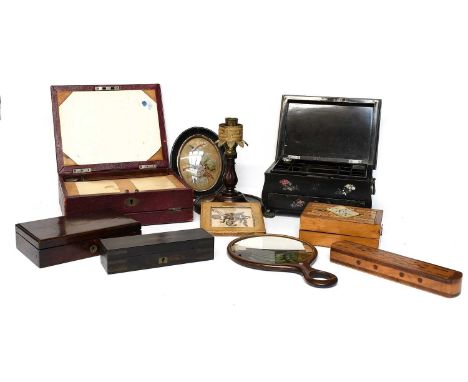 A Victorian Lacquered Papier Mache Workbox, circa 1900, of bombe form, with single drawer, fitted interior and abalone shell 