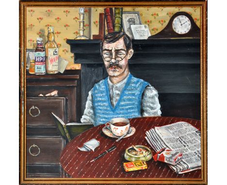 P*** Crook
SELF PORTRAIT SMOKING A CIGARETTE AND READING A BOOK
signed
oil on board
58.5 x 60cms; 23 x 23 1/2in.