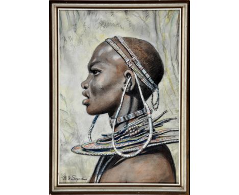 Bruno di Sopra
PORTRAIT OF A YOUNG MASAI WOMAN WITH TRIBAL NECKLACE AND EARRINGS
signed
pastel and chalk
52.5 x 36cms; 20 3/4