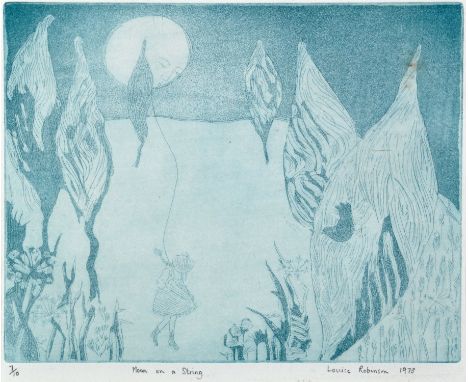 Louise Robinson
"MOON ON A STRING"
signed, inscribed and dated 1975
etching printed in blue, numbered 7 from an edition limit
