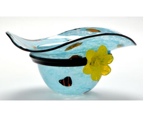 A Murano glass hat bowl, c.1990's, decorated with millefiori and yellow flower, 33cms (13in.) diameter.