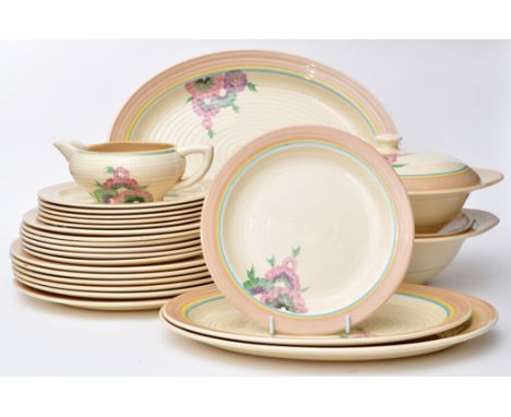 Clarice Cliff for Wilkinson: a part dinner service in the 'Summer Dew' pattern, to include: six dinner plates, six side plate