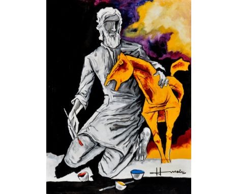 Attributed to Maqbool Fida Husain
SELF PORTRAIT WITH HORSE
bears signature
acrylic on canvas
121.5 x 91cms; 47 3/4 x 36in. (u