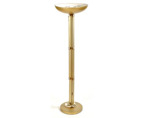 A mid 20th Century painted metal floor standing uplighter in the Art Deco taste, with dished circular top, quatreform style s