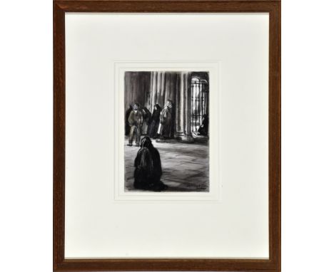Sir David Muirhead Bone
"CHURCH INTERIOR, SANTIAGO COMPOSTELLA"
signed and inscribed "Santiago"; with inscription on a label 