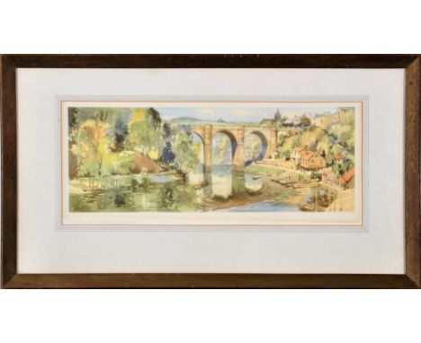 After Jack Merriott, RI
"THE RIVER NIDD, KNARESBOROUGH, YORKSHIRE"
a British Railways' carriage print c.1950
15 x 41cms; 6 x 