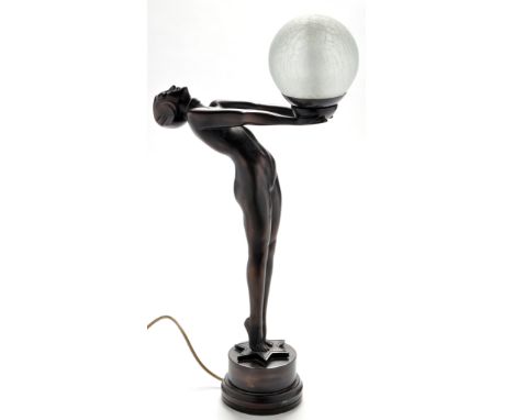 An Art Deco style table lamp, bronzed composition, modelled as a nude female figure holding out her arms holding spherical sh