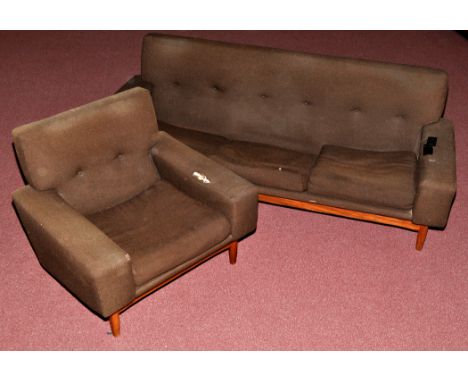 A wool upholstered and teak three-piece suite, probably G-Plan, c.1960's.