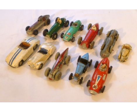 Eleven vintage die cast racing cars including 23G Dinky Cooper-Bristol, Corgi 150S Vanwall, Dinky 232 Alfa Romeo, Corgi 152S 