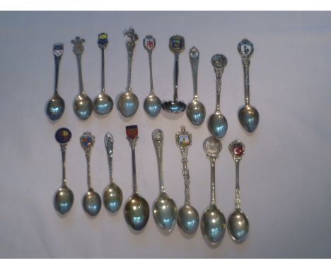 Collection of seventeen souvenir collector tea and coffee spoons, mainly sterling silver and 800 silver hallmarked, most with