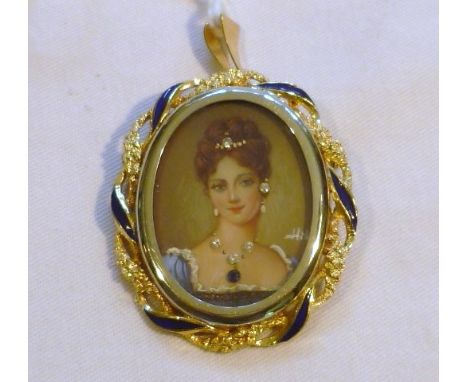 18ct gold, diamond and enamel brooch pendant, containing a painted portrait miniature of a lady in blue dress, signed, sterli