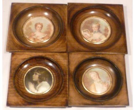 Four portrait miniatures of circular form set into square wooden frames