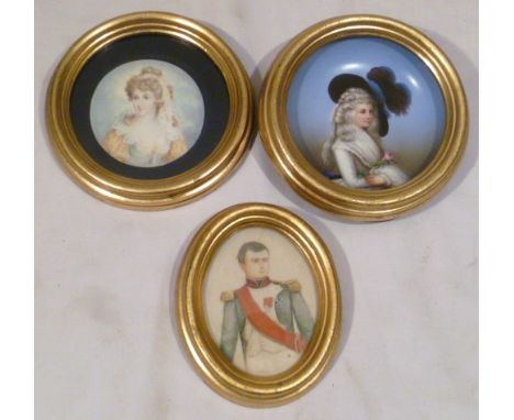 Three portrait miniatures, one oval of Napoleon oil on ivory 8x6cm, one circular of Lady Trevanion oil on ivory 6.5cm diamete