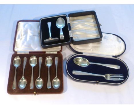 Silver hallmarked cased christening set comprising spoon and fork, Mappin & Webb Sheffield 1938, together with a cased christ