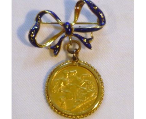 Edward VII 1902 half sovereign mounted into a 9ct gold marked surround hung from an 18ct marked gold and blue enamel ribbon b