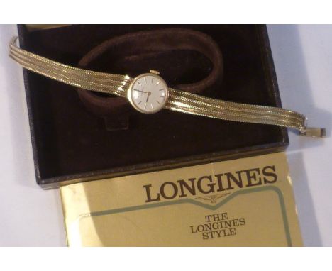 Longines 9ct gold ladies dress watch, circular dial, 9ct gold marked case and strap, the inside of the case stamped DS&S Baum