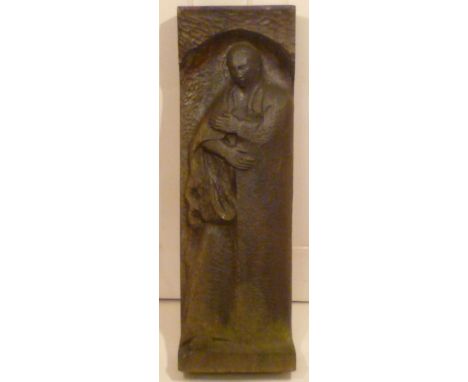 English woodblock relief carving of a male figure wearing a cloak, possibly ecclesiastical, 82cm high