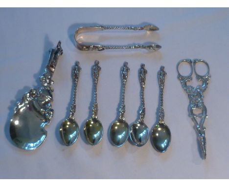 Victorian silver apostle spoons and tongs, Edinburgh 1861, pair of sterling silver hallmarked sugar nips and an unusual silve