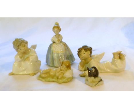 Two Lladro figures of winged angel cherubs, together with a sleeping infant, girl in dress and a Royal Copenhagen mouse