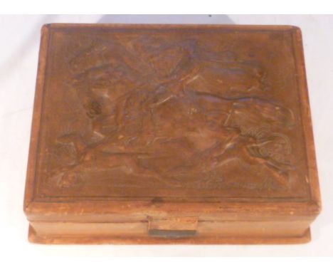 Gentleman's leather vanity / jewellery box, the lid with relief hunting scene signed Erno Koch [presumed to be the Hungarian 