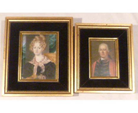 Two portrait miniatures oil on ivory, one of gentleman in red military tunic 7.5x5cm, the other of a lady with black dress an