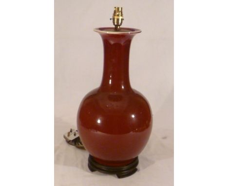 Large Oriental Sang de Boeuf / Oxblood ceramic baluster shape vase, sleeve neck, converted to table lamp, on hardwood base, 4