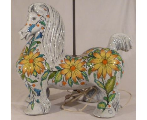 Ceramic table lamp in the form of a shire horse, floral hand-painted, 40cm high