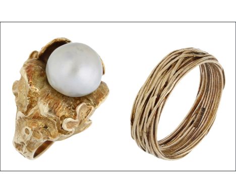 A cultured pearl dress ring, circa 1970, and a gold wirework ring, 1975, the first of stylised foliate design, the baroque-sh