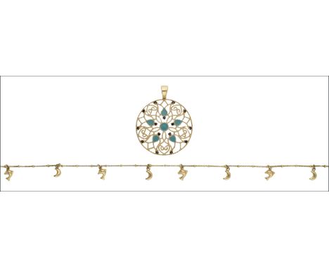 An 18ct gold dolphin bracelet and an enamel and gem-set ‘Arabesque’ pendant, the box-link bracelet chain suspending eight alt