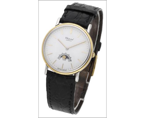 Chopard. A stainless steel and gold plated wristwatch with moon-phases, Luna D’Oro, circa 1986 Movement: quartz Dial: white, 