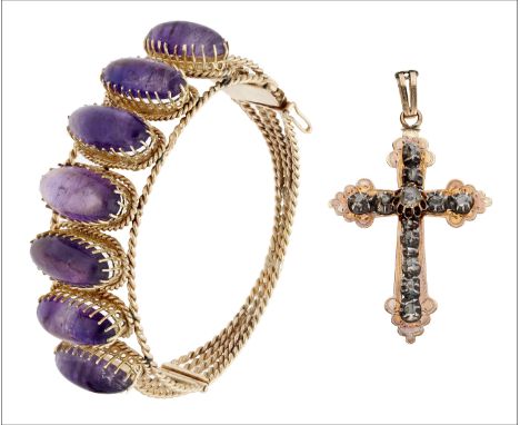 A 14ct amethyst set hinged bangle and a diamond set cross pendant, the elongated cabochon amethysts claw set to a tapered rop