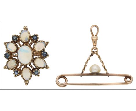 A 9ct gold opal and sapphire brooch, and pearl set bar brooch, the opal and sapphire cluster with brooch and pendant fittings