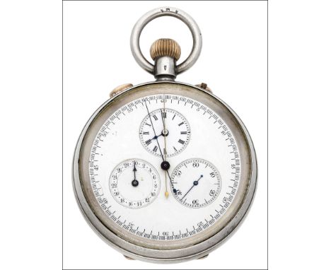 Swiss. A silver open-faced keyless split seconds chronograph watch with date, circa 1900 Movement: gilded, lever escapement, 
