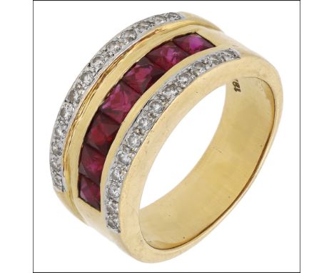 A ruby and diamond dress ring, the tapered band set with a series of calibré-cut rubies (untested), channel set between two r