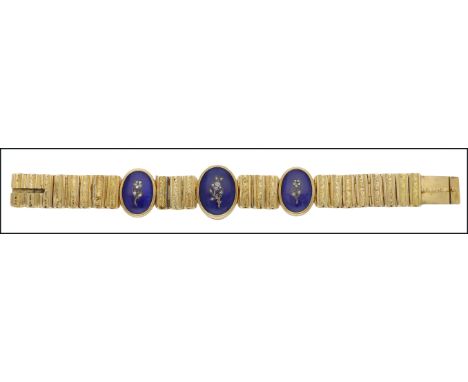 A French enamel and diamond bracelet, late 19th century, the gold rectangular links concave and engraved with scrolling folia