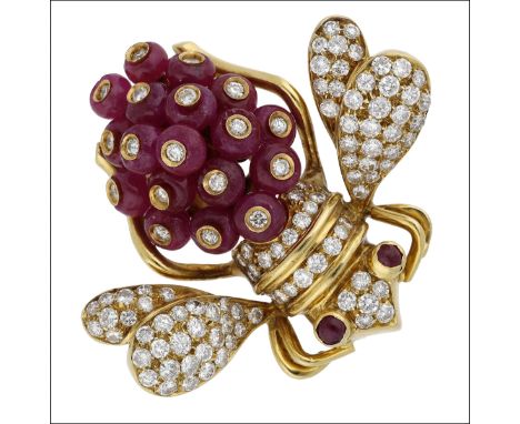A ruby and diamond bee brooch by Giovane, realistically modelled and set throughout with cabochon-cut rubies and brilliant-cu