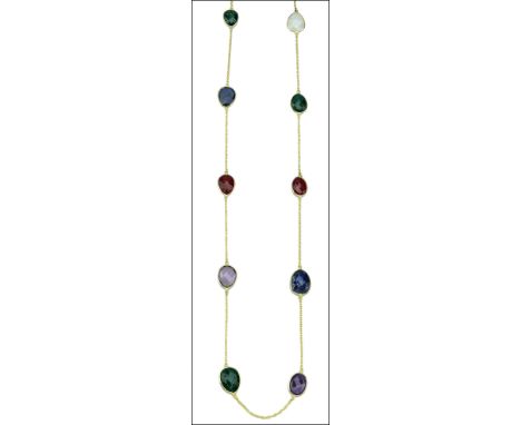 A vari-gem set long chain necklace and ear pendants, the belcher-link chain spaced with spectacle set gemstones including lap