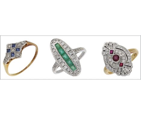 Three diamond and gem-set dress rings, each ring grain set throughout with diamonds, and either ruby, emerald or sapphires, t