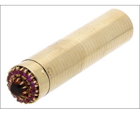A gem-set needle case, the cylindrical case with finely reeded decoration, to a hinged lid with citrine and ruby cluster, the