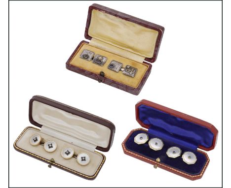 Three pairs of cufflinks, comprising two pairs of mother-of-pearl cufflinks, the first centred with blue stone cabochon colle