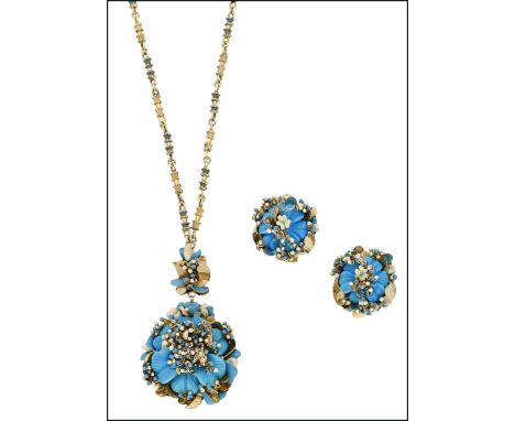 A flowerhead necklace and ear clips suite, the turquoise coloured glass petals with blue and white enamel decoration and sing