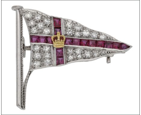 A Royal Yacht Squadron burgee brooch, set with calibré-cut rubies and single-cut diamonds, the crown with orange enamel highl
