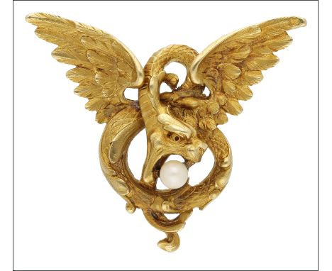 A French gold griffin brooch/pendant, circa 1900, modelled in flight with feather and scale detailing and a later cultured pe