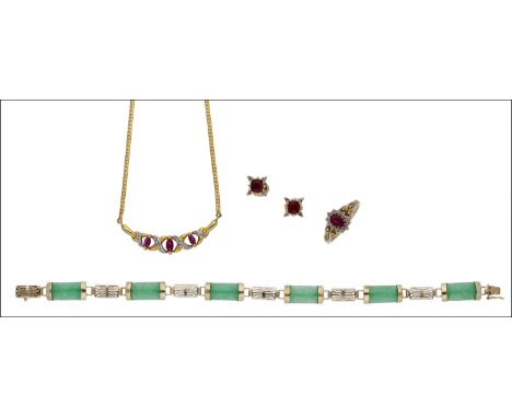 A jade panel bracelet, together with a ruby and white stone set necklace, cluster ring and earstuds, and a further small coll